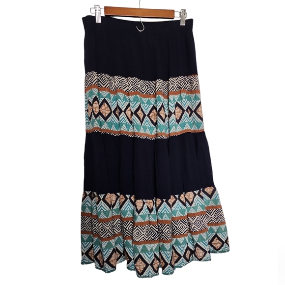 Vtg Boho Tiered Broom Skirt Blue Southwestern Aztec Midi Maxi - Picture 3 of 10